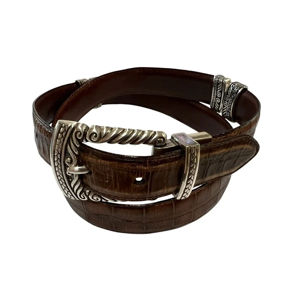 Brighton Vintage Reversible Smooth Brown / Croc Brown Leather Belt Silver Buckle